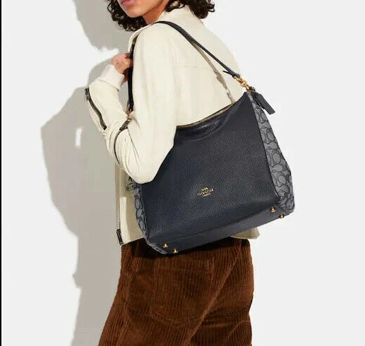 Coach Shay Brass Navy Signature Coated Canvas Leather Shoulder