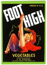 FOOT HIGH~BLOND CALENDAR GIRL~1940s HISTORICAL CRATE LABEL ART~NEW 1981 POSTCARD