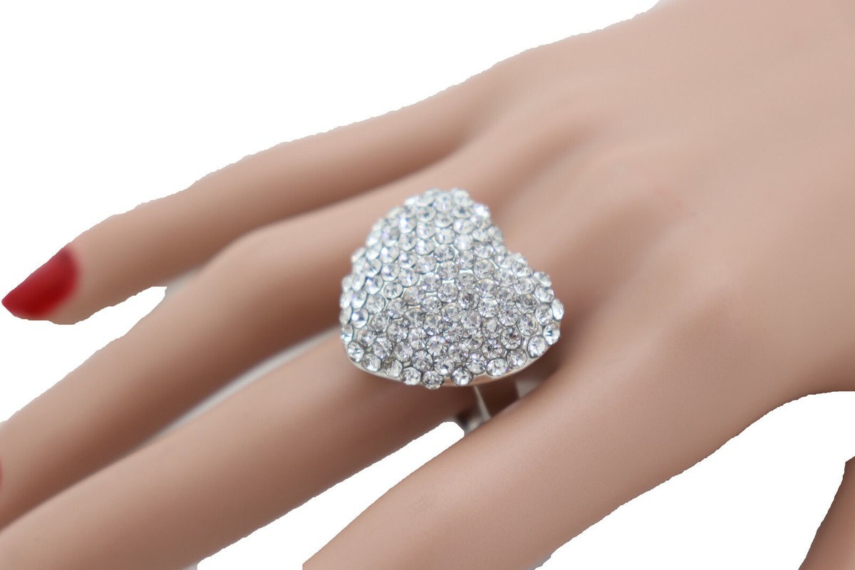 Bague Fantaisie Argentée Avec Cœur Doré Mobile - Taille 56/57, Anneau Fin, Occasion Bon état