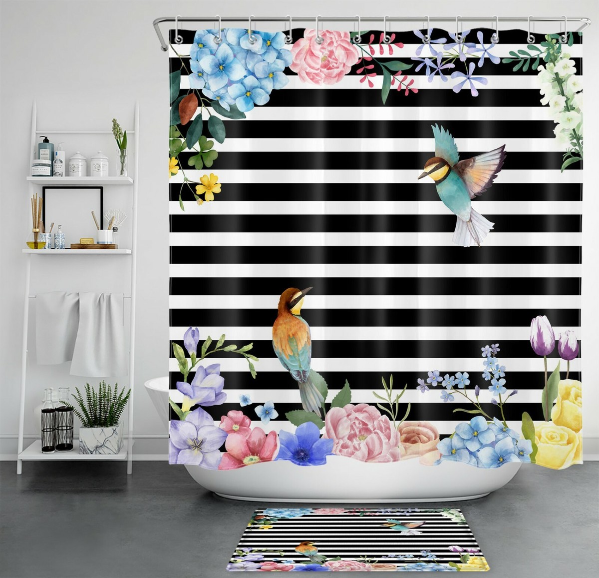 Black White Stripe Shower Curtain Set Bird Colourful Flower for Bathroom Decor