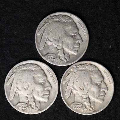 SET OF 3 COINS 1935 P D S Buffalo Nickel G / VG FREE SHIPPING