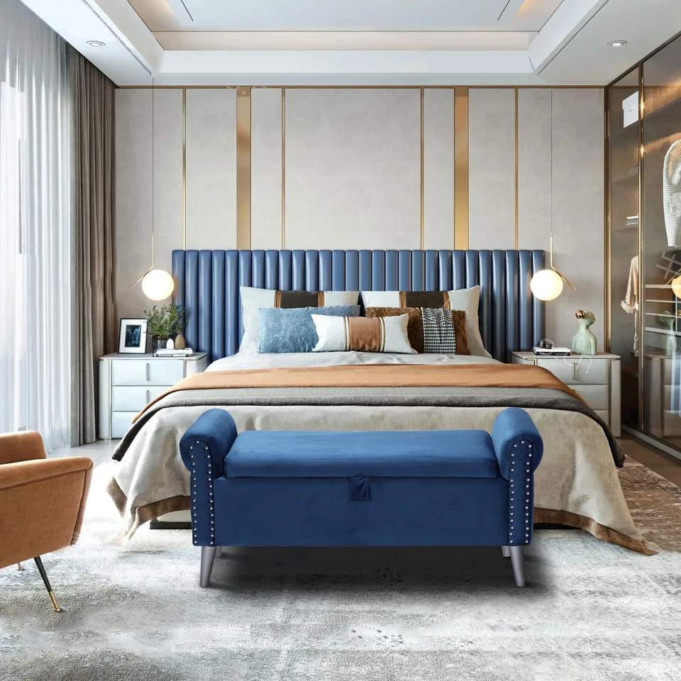 47-дюймовая заклепочная оттоманская скамейка для ног бархатная скамейка для гостиной дома - Изображение 3 из 4