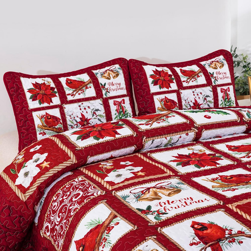 Christmas Quilt Sets King Size Red Patchwork Bedspread Berries and Cardinals Pat - Picture 4 of 8