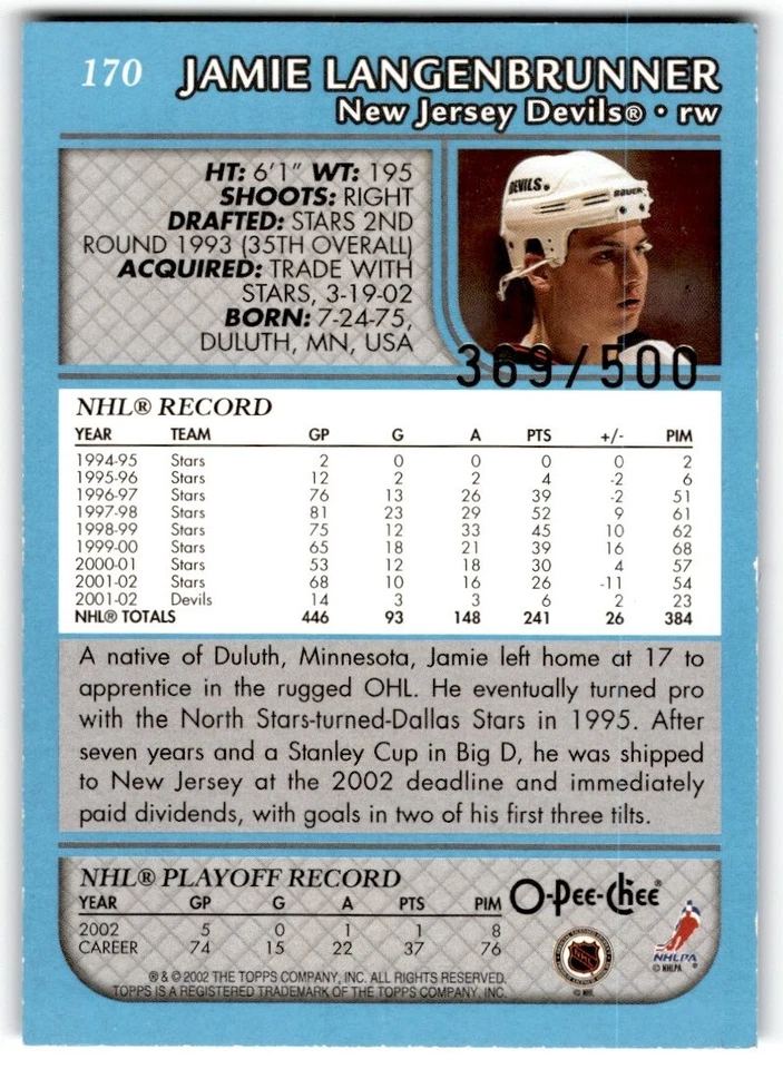 2002-03 Topps O-pee-Chee Premier Blue Jamie Langenbrunner /500 #170 New Jersey - Image 2 of 2