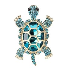 Silver-Tone, Lake Blue, Rhinestone Turtle Brooch