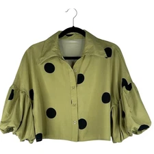 SHEIN Green & Black Polka Dot Button Down Balloon Sleeve Crop Top Size Small
