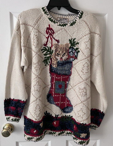 VTG Heirloom Collectibles Sweater Lrg Pullover Christmas Embroidery Cat Stocking