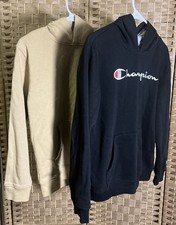 Lot Of 2 Champion Kids Sizing L 14-16 Iconic Embroidered Hoodie Black/Beige