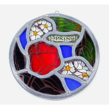 Spring 7.25" Stained Glass Suncatcher Hanging Round Blue Rose Daisies Flowers