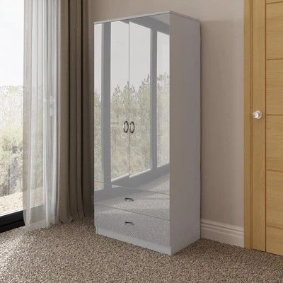 FWSTYLE Grey Gloss Wardrobe 2 Door 2 Drawer Combination Bedroom Wardrobe Matt Grey Frame