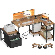 L Shaped Desk with Drawers & File Cabinet, Reversible Computer Desk with Stor...