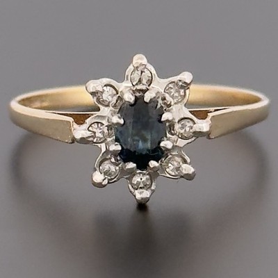 Cluster-Ring 9 kt Gelbgold Saphir & Diamant Größe N 1/2 gepunzt