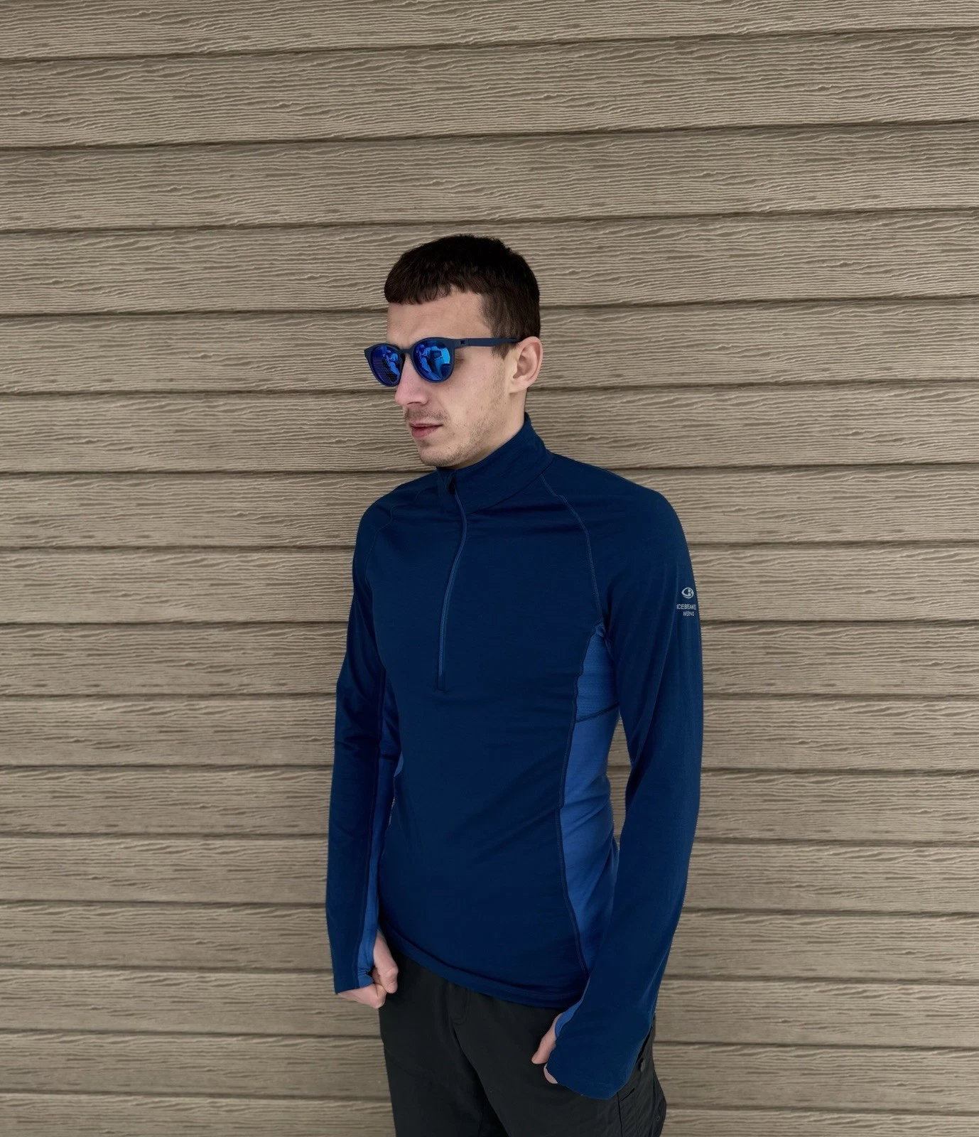 Icebreaker Merino Base Layer 1/4 Zip Bodyfit Zone Mens S Blue Wool Thumbholes