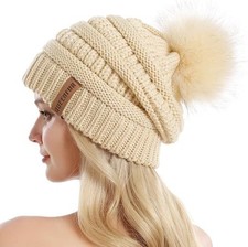 Women Knit Slouchy Beanie Chunky Baggy Hat with Faux Fur Pompom Winter Soft W...
