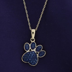 Authentic Blue Real Diamond Accent Paw Print Pendent 18" Necklace 14K Yellow Gold Plated
