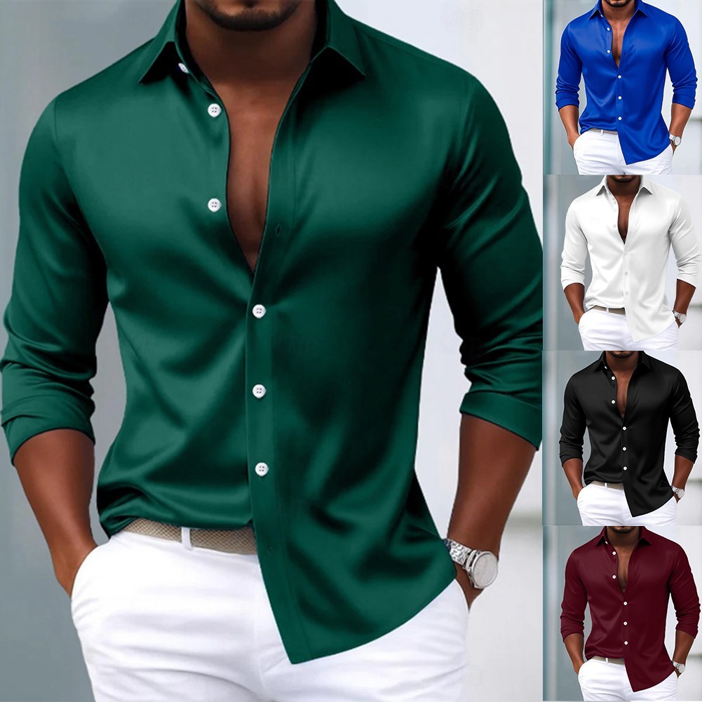 Camisa informal ajustada de manga larga con solapa y botones para hombres