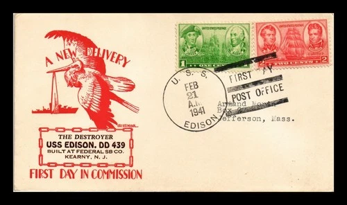 US COVER USS EDISON DD-439 FIRST DAY POST OFFICE NAVAL CANCEL
