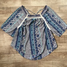 Jolt Blue Wide Sleeve Crochet Trim Blouse Size L Peasant Boho