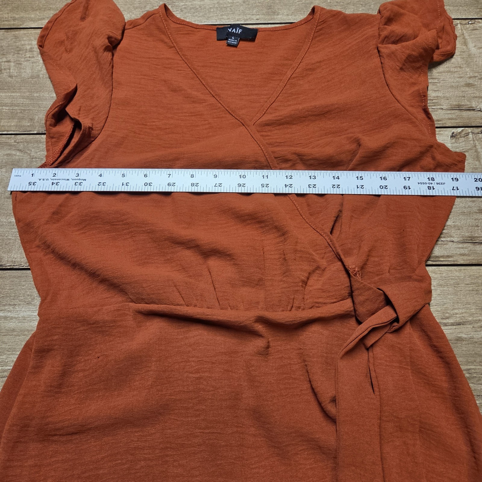 NAIF Faux Wrap Midi Dress Womens Large Burnt Orange Ruffle Hem Elastic Waist Tie