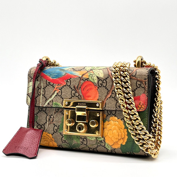 EXCELLENT | Gucci GG Supreme Tian Floral Bird Padlock Chain Shoulder Bag Auth