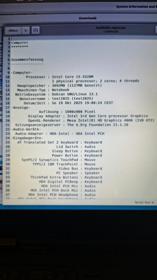 lenovo thinkpad t430 gebraucht mit Debian 13.1 Cinnamon - Bild 4 von 4
