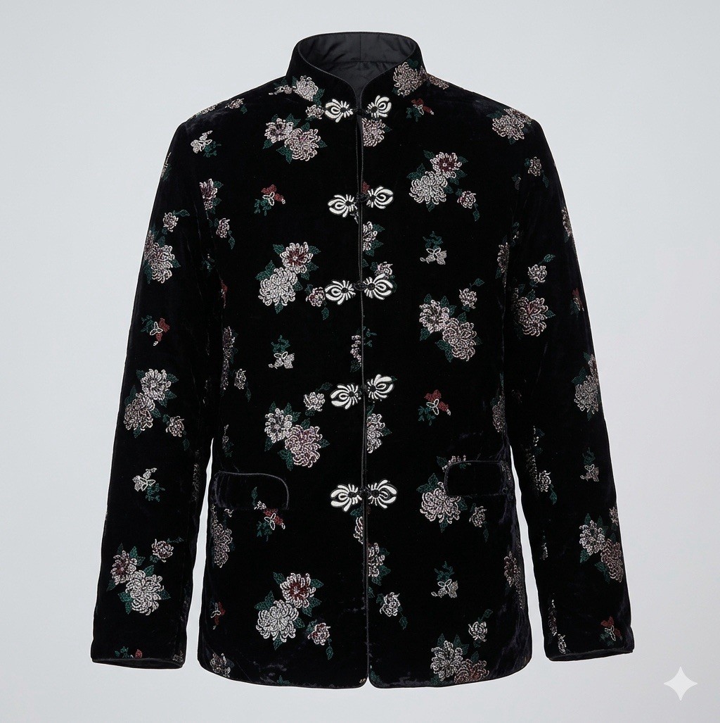 🌸 Vintage MiMi Black Velvet Floral Frog Closure Tang Jacket XL 8887-16 🌸