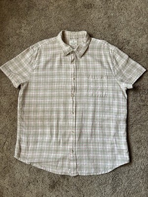 Mutual Weave Men's XL Plaid Beige Red White Linen Cotton Button-Up Short Sleeve