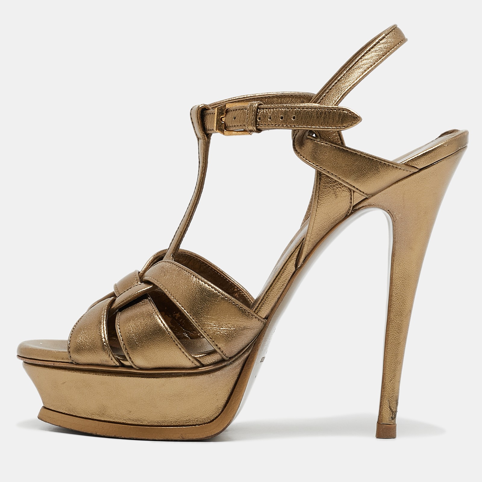 Saint Laurent Gold Leather Tribute Platform Sandals EU 39