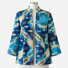 Chico s Women s Size 0 Ikat Print Open Front Jacket Blazer Blue Teal Gold Spring