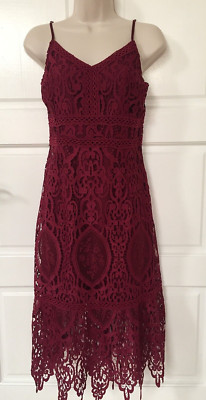 New J.O.A. Los Angeles Lace  Midi Wine  Spagetti  Straps  Dress, Size L.