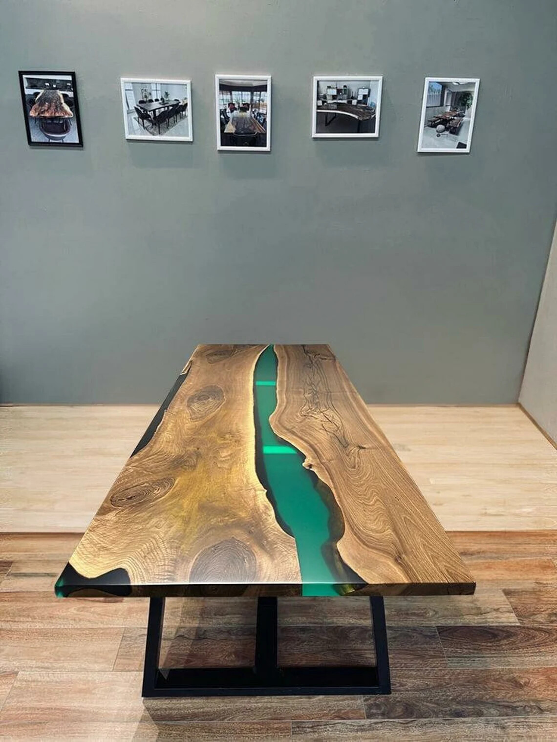 Green Custom Live Edge Epoxy Wood Table | Epoxy pebble Table, Wooden Epoxy Table-image