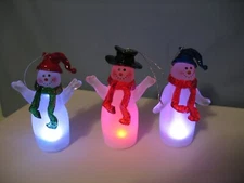 (3) FROSTED ACRYLIC LIGHT UP SNOWMEN FIGURINES- CYCLING RAINBOW LIGHTS!