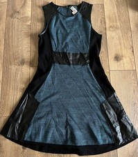 Curio New York Sweater Dress Blue Black Faux Leather Trim Sleeveless Size S