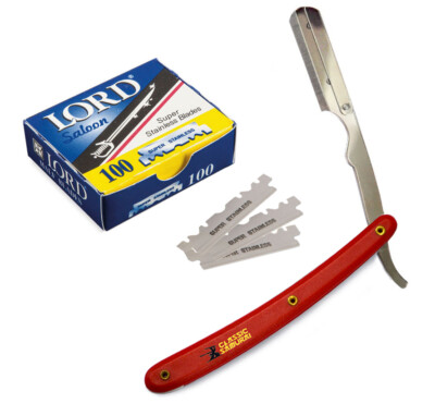 Red Straight Razor Cut Throat Barber Shavette + 100 LORD Single Edge Blades