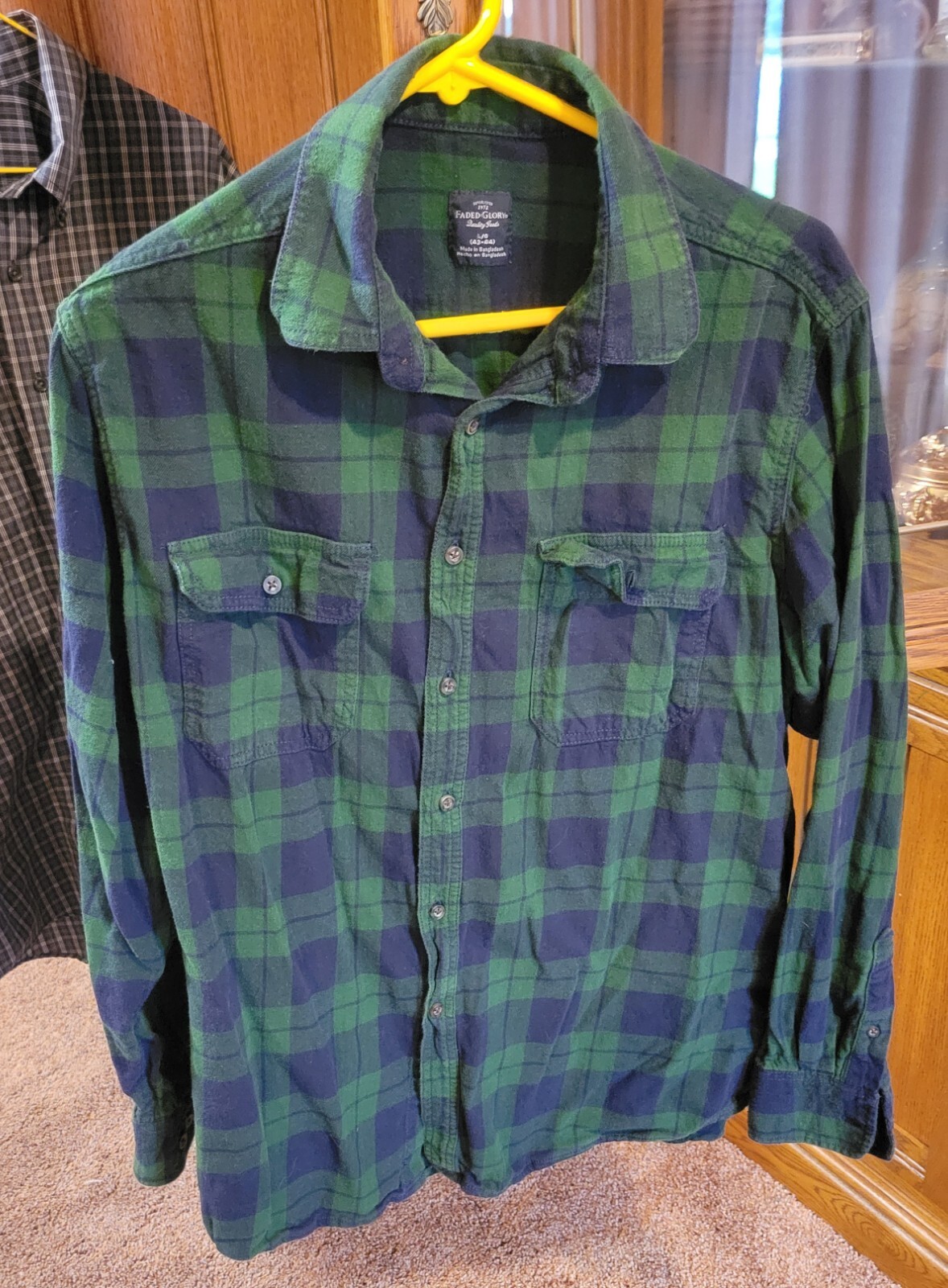 Faded Glory, Mens Size L (4244), Blue/Green Plaid Flannel Shirt w