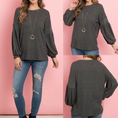 Ultimate Gray Waffle Knit Thermal Puffy Balloon Lantern Sleeve Top