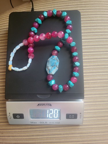 Handmade Unique 22” Necklace with Jasper, Turquoise, Opalite, Agate Fushia - Picture 12 of 13
