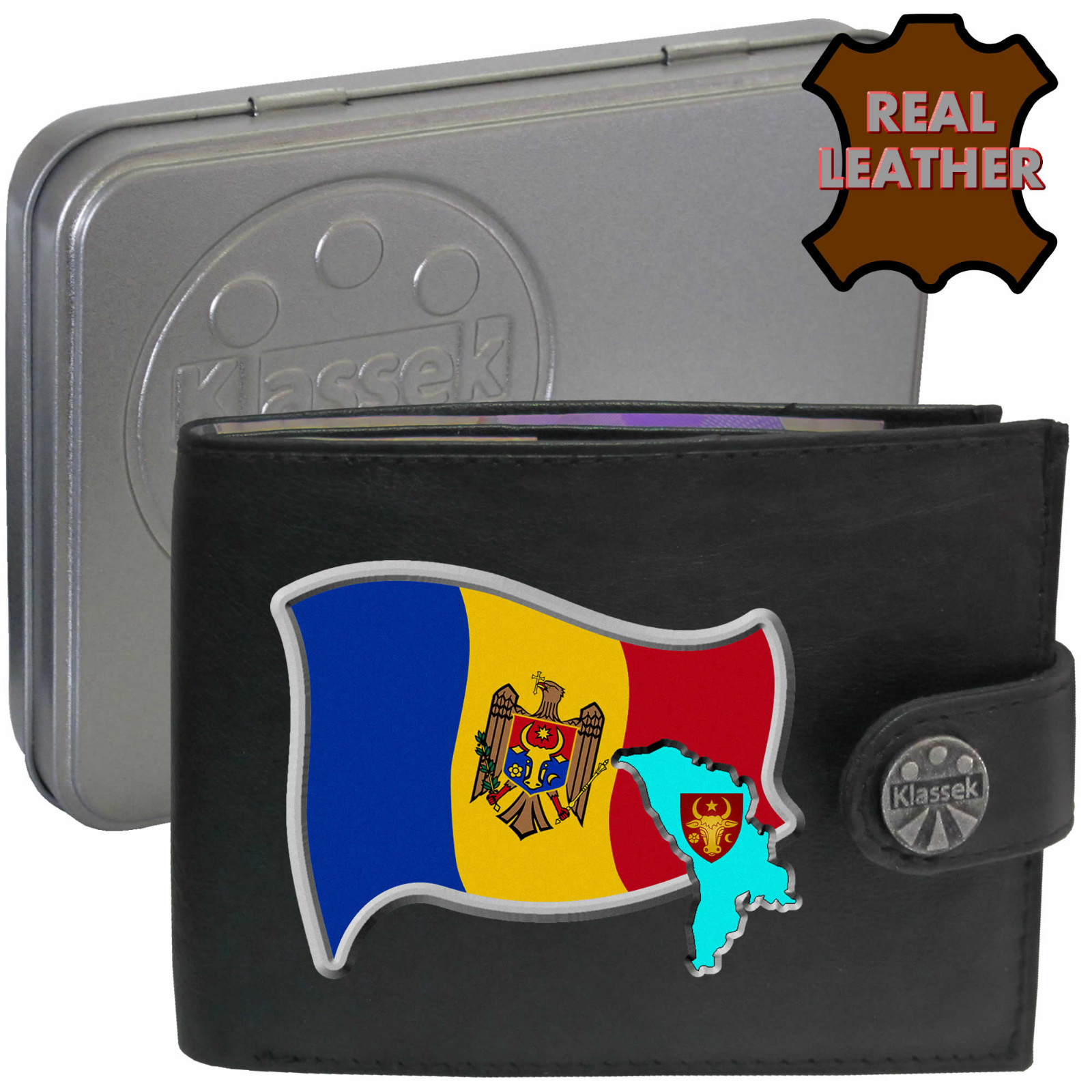 Moldavian Wallet Moldova Flag Map Soft Genuine Leather Men's Gift Tin RFID