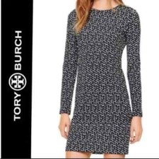 Women's  TORY BURCH Silk Teserra Long Sleeve Shift Navy Abstract Print Dress S