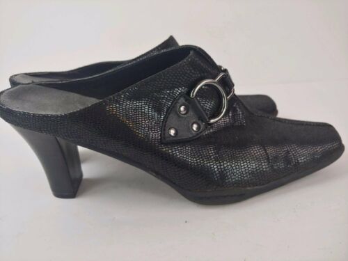 AEROSOLES Black Patent Slip On Square Toe Clogs Mules Women's Heels Sz 9.5