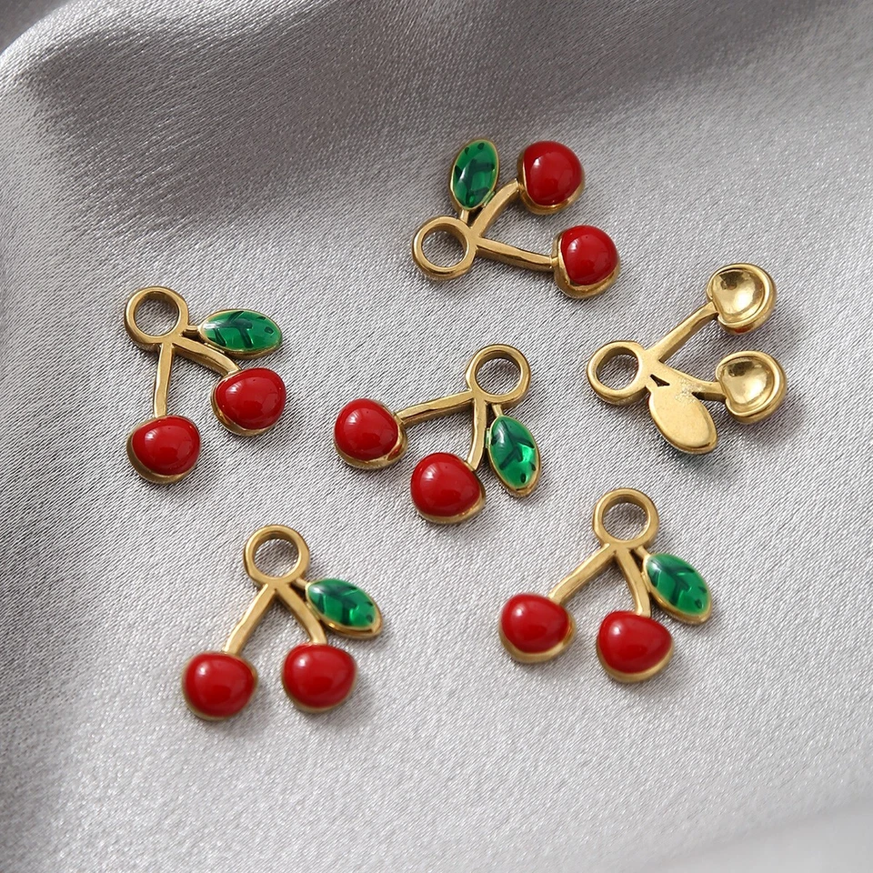 10pcs red enamel stainless steel gold cherry charm pendants - Image 3 of 4