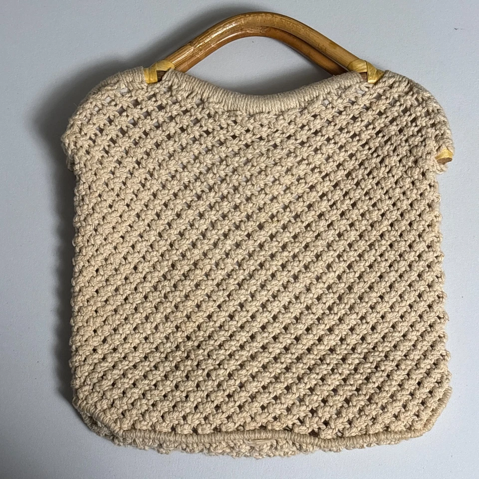 Bolso Macramé Vintage Crema Bambú Mango Boho Cottage Western Retro Hippie Años 70 Foto 3 de 4