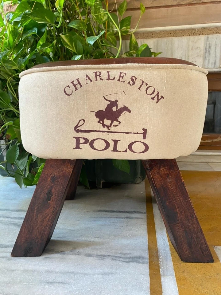 Vintage Leather Ottoman Stool, Dining Kitchen Pub Foot Stool, Modern Bar Stools - Image 2 of 4