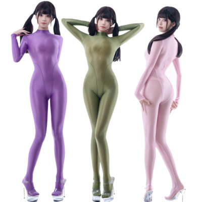 Damen Sexy Shiny Overall Clubwear Cosplay Jumpsuit Semi Langarm Bodysuit Catsuit