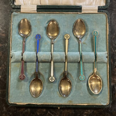 Vintage Sterling Silver and Enamel 6 Spoon Set David Anderson
