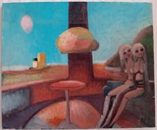 Dipinto Due Donne nude in un locale Quadro Olio su tela 60x50 cm Firmato