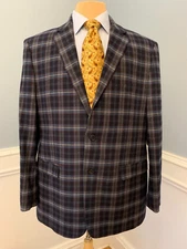 Saddlebred Blazer Mens 44R Tattersall Plaid Cotton Navy Jacket Sportcoat