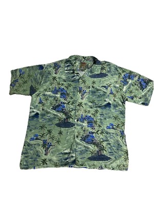 Pineapple Connection Men s SzXL Button Up Hawaiian Shirt Green Blue Palms Tropic