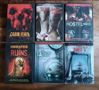 Lot of 6 Horror DVDS - Five UNRATED. Saw 4 & 5, Hostel 2 DIRECTORS CUT.