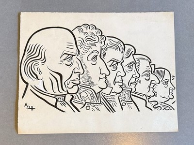 Vintage Mexican Art   Audiffred Independence Heroes Caricature Original Art